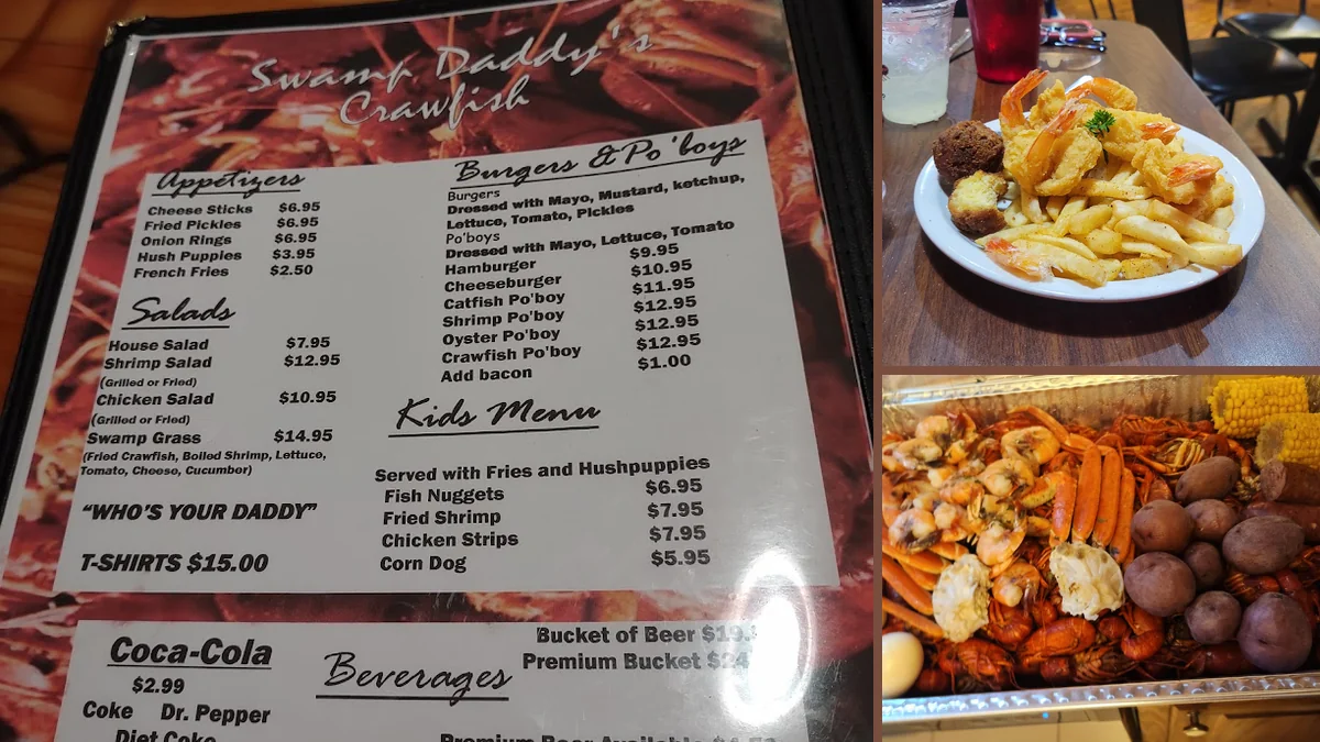 Crawfish, seafood, burgers