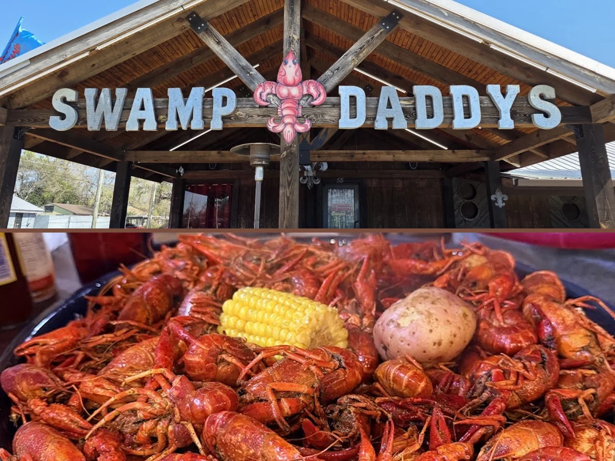 Boiled crawfish piled on a casual restaurant table.
