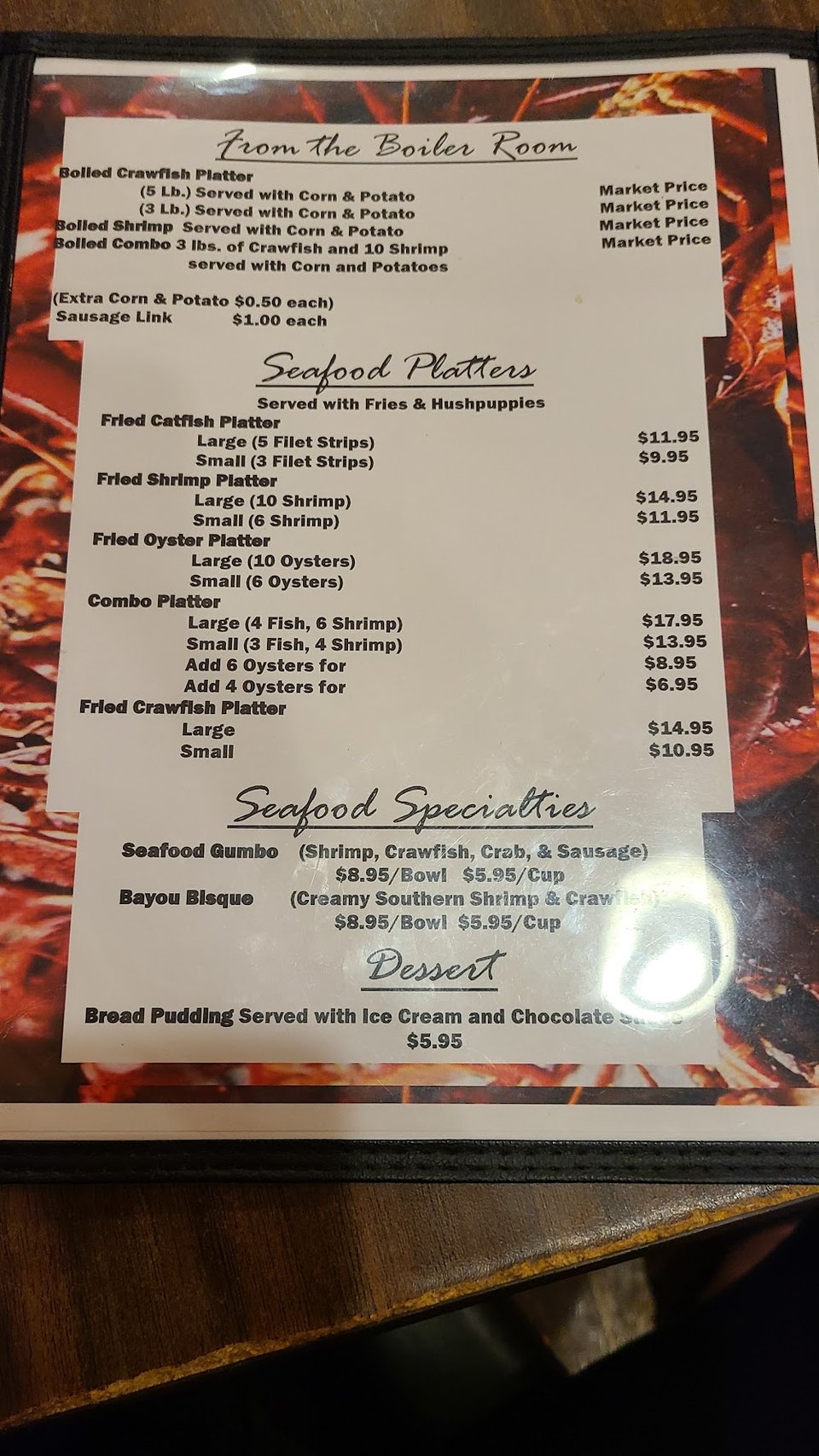 Menu page listing catfish and shrimp po'boys.